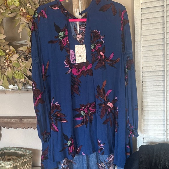 Free People Blue and Pink Floral Blouse - Picture 1 of 5